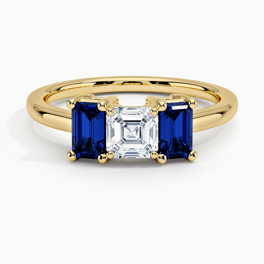 Luxe Rhiannon Three Stone Sapphire Ring Yellow Gold 18k Asscher Engagement Ring