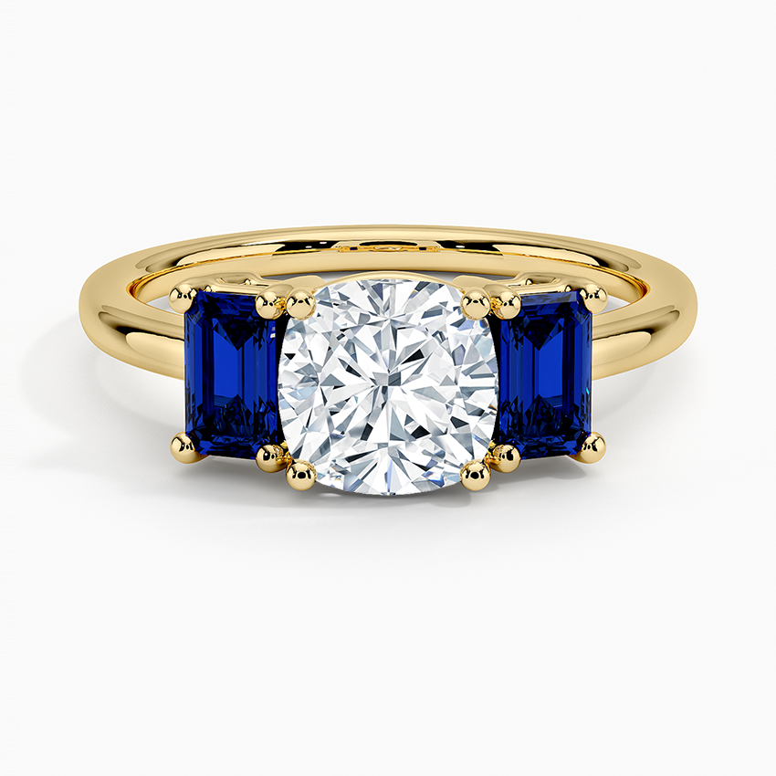 Luxe Rhiannon Three Stone Sapphire Ring Yellow Gold 18k Cushion Engagement Ring