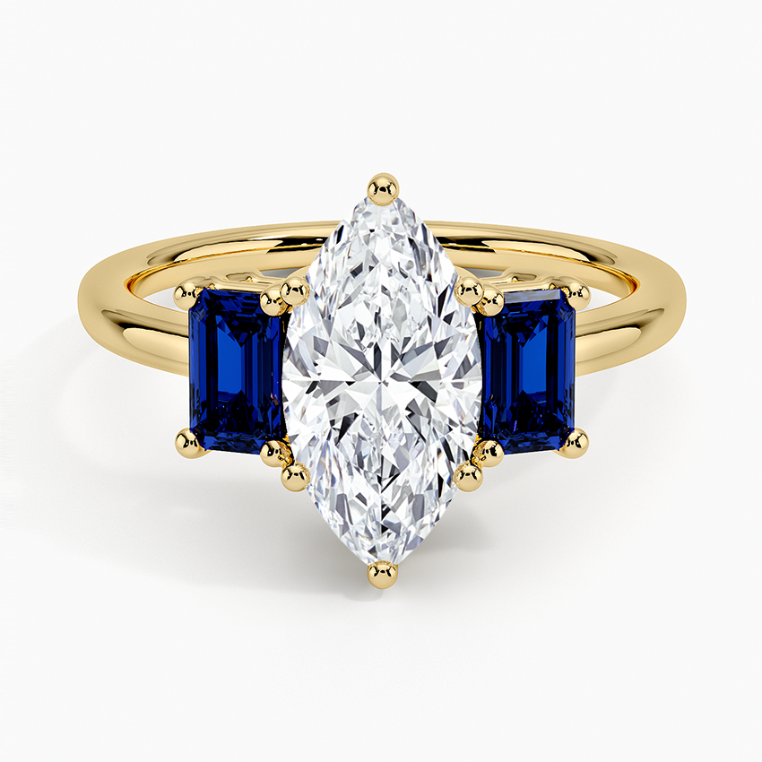 Luxe Rhiannon Three Stone Sapphire Ring Yellow Gold 18k Marquise Engagement Ring