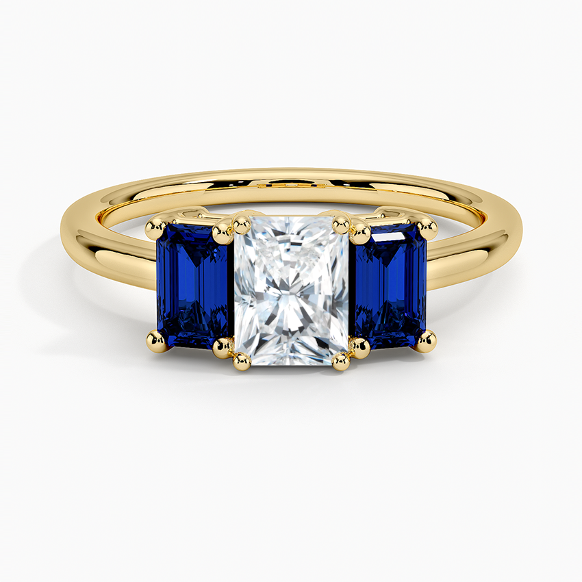 Luxe Rhiannon Three Stone Sapphire Ring Yellow Gold 18k Radiant Engagement Ring