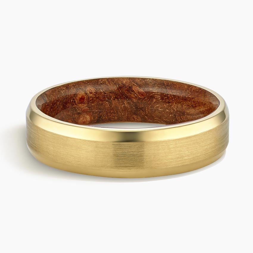 Maple Burl Wood Satin Finish 6mm Wedding Ring Yellow Gold 18k Wedding Band