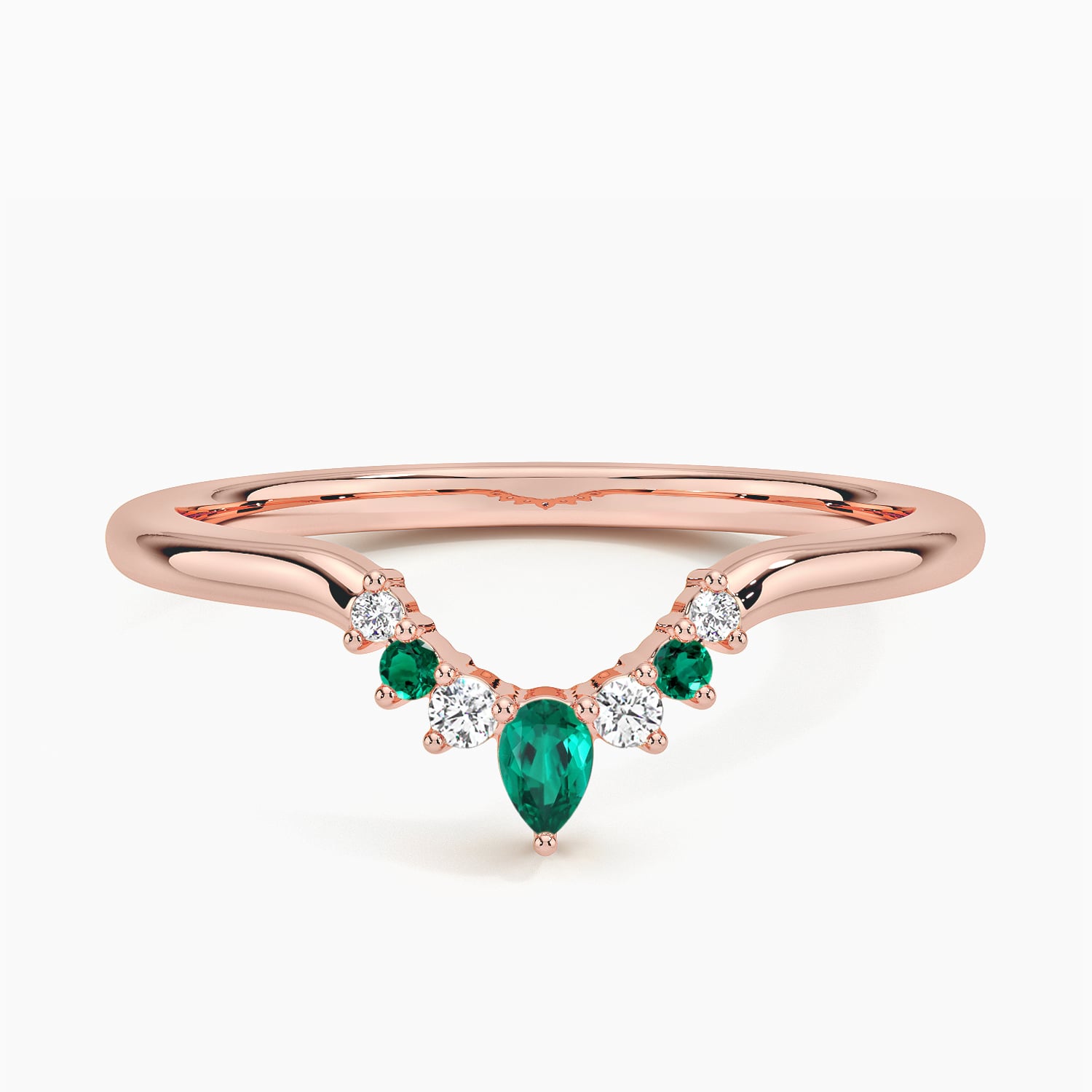 Lunette Lab Emerald and Diamond Contoured Ring Rose Gold 18k Wedding Band