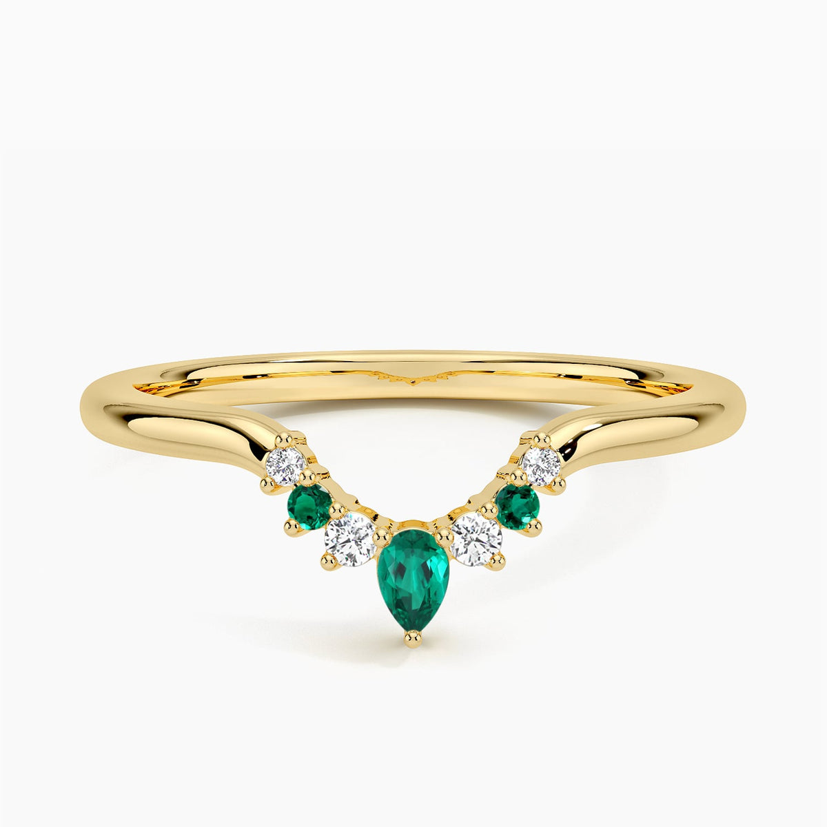 Lunette Lab Emerald and Diamond Contoured Ring Yellow Gold 18k Wedding Band