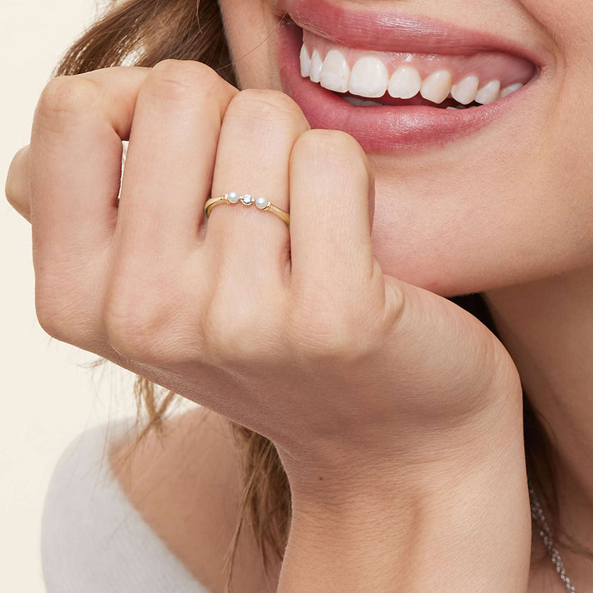 Marlene Freshwater Cultured Pearl and Diamond Ring Yellow Gold 18k Wedding Band