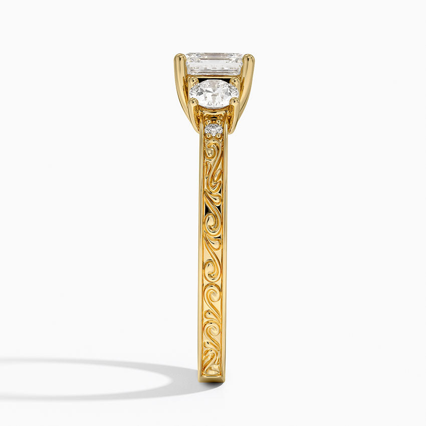Antique Scroll Engraved Three Stone Diamond Ring (1/3 ct. tw.) Yellow Gold 18k Asscher Engagement Ring