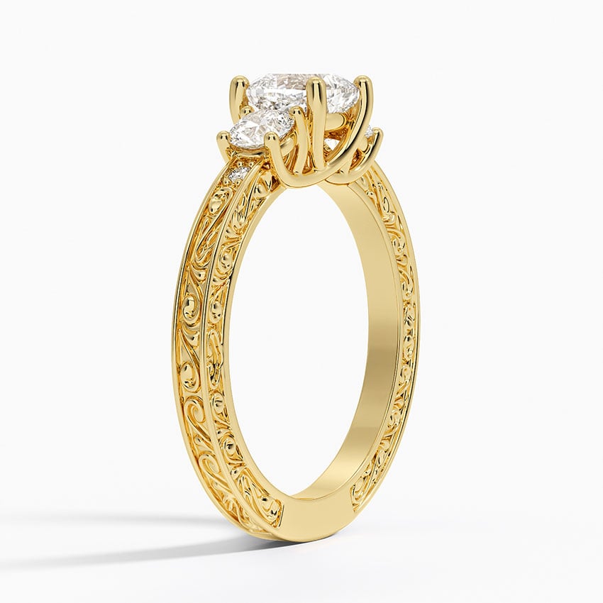 Antique Scroll Engraved Three Stone Diamond Ring (1/3 ct. tw.) Yellow Gold 18k Cushion Engagement Ring