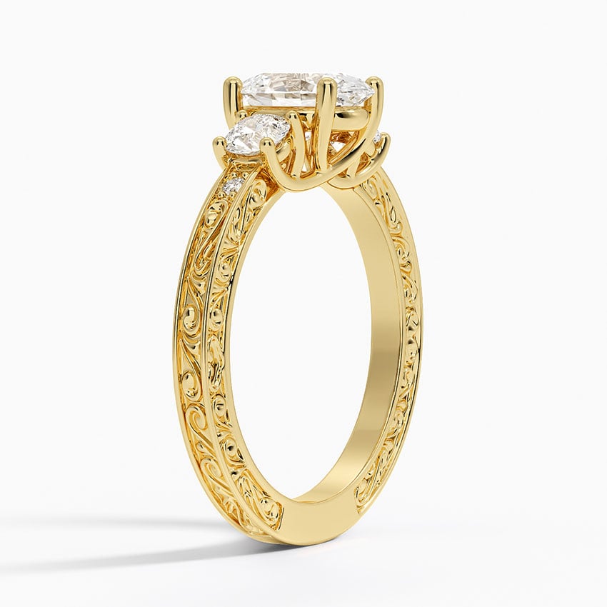 Antique Scroll Engraved Three Stone Diamond Ring (1/3 ct. tw.) Yellow Gold 18k Oval Engagement Ring