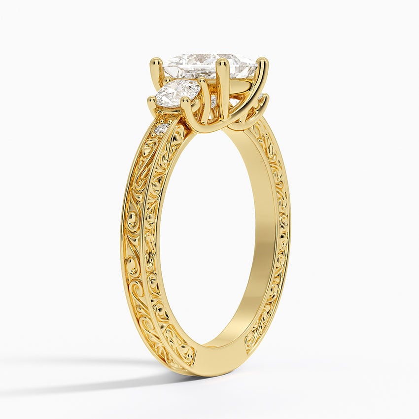 Antique Scroll Engraved Three Stone Diamond Ring (1/3 ct. tw.) Yellow Gold 18k Princess Engagement Ring