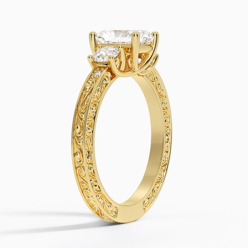 Antique Scroll Engraved Three Stone Diamond Ring (1/3 ct. tw.) Yellow Gold 18k Radiant Engagement Ring