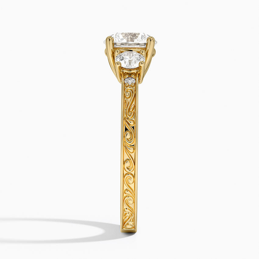 Antique Scroll Engraved Three Stone Diamond Ring (1/3 ct. tw.) Yellow Gold 18k Round Engagement Ring