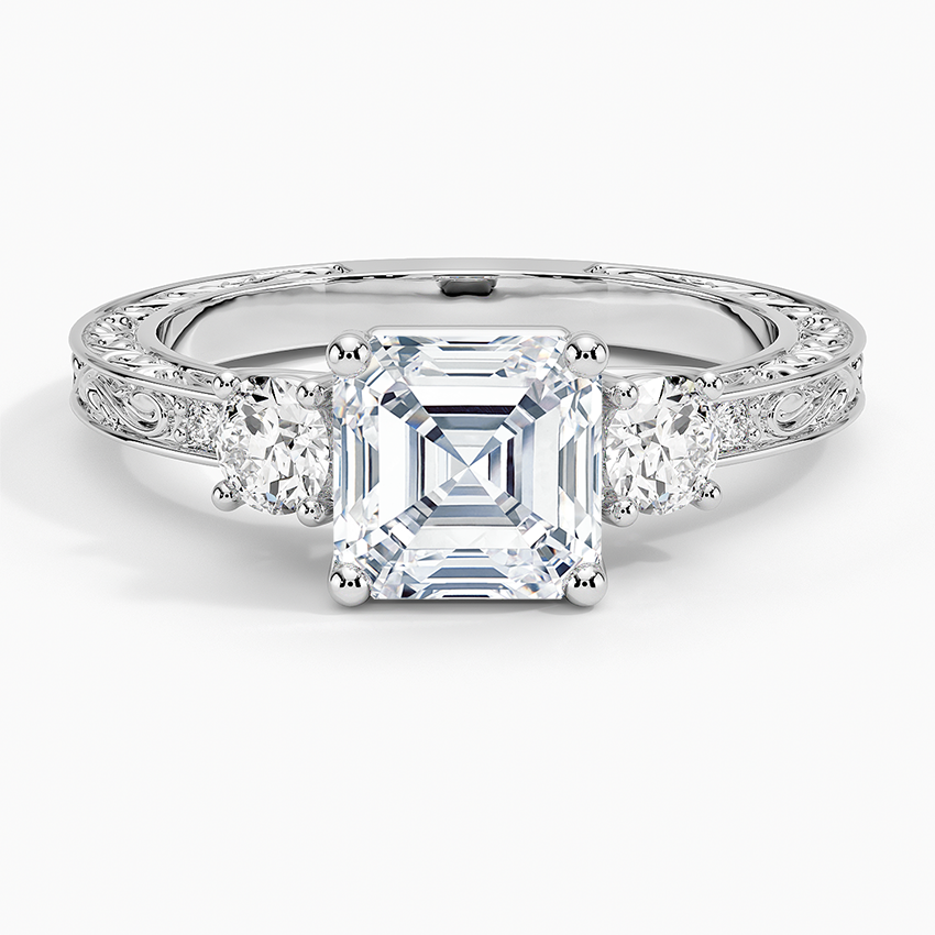 Antique Scroll Engraved Three Stone Diamond Ring (1/3 ct. tw.) Platinum Asscher Engagement Ring