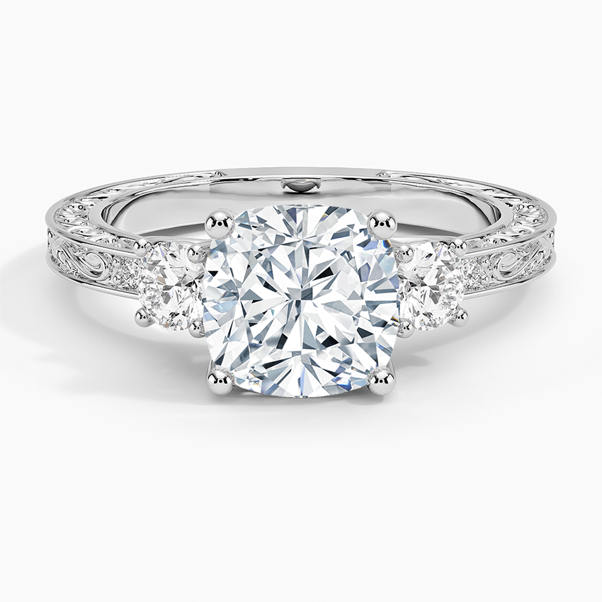 Antique Scroll Engraved Three Stone Diamond Ring (1/3 ct. tw.) Platinum Cushion Engagement Ring