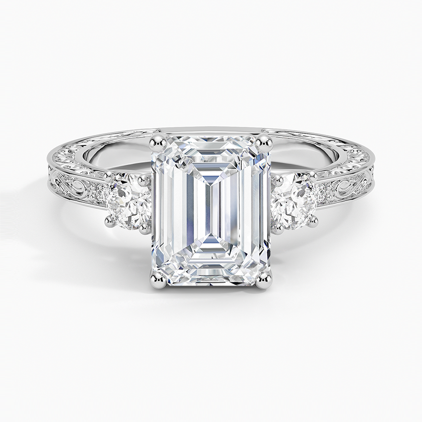 Antique Scroll Engraved Three Stone Diamond Ring (1/3 ct. tw.) Platinum Emerald Engagement Ring