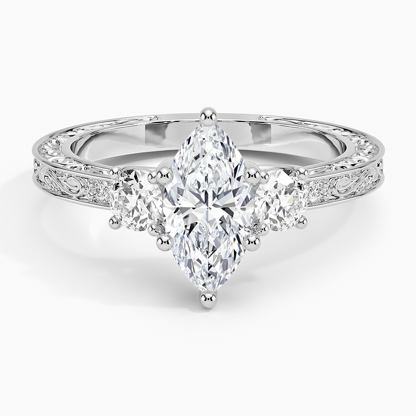 Antique Scroll Engraved Three Stone Diamond Ring (1/3 ct. tw.) Platinum Marquise Engagement Ring