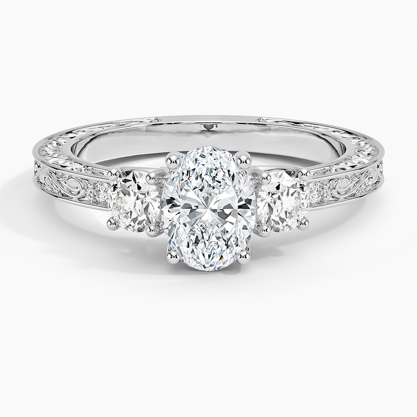 Antique Scroll Engraved Three Stone Diamond Ring (1/3 ct. tw.) Platinum Oval Engagement Ring