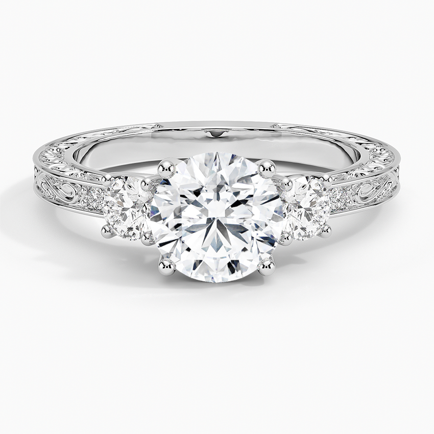 Antique Scroll Engraved Three Stone Diamond Ring (1/3 ct. tw.) Platinum Round Engagement Ring
