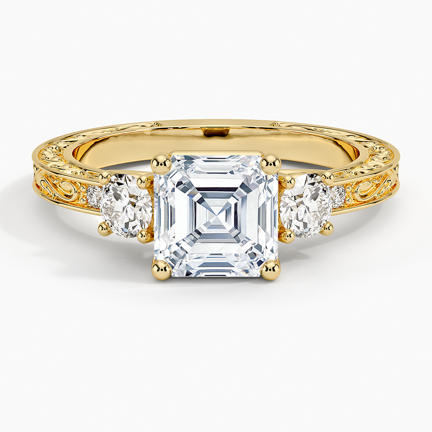 Antique Scroll Engraved Three Stone Diamond Ring (1/3 ct. tw.) Yellow Gold 18k Asscher Engagement Ring