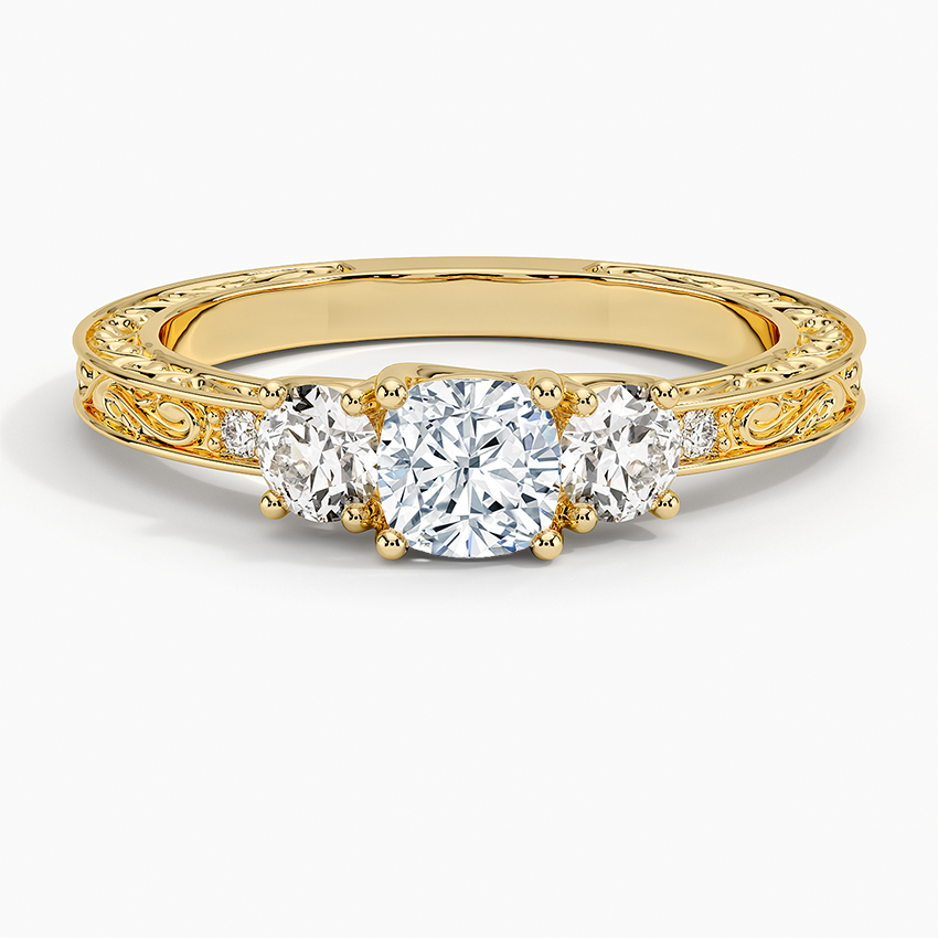 Antique Scroll Engraved Three Stone Diamond Ring (1/3 ct. tw.) Yellow Gold 18k Cushion Engagement Ring
