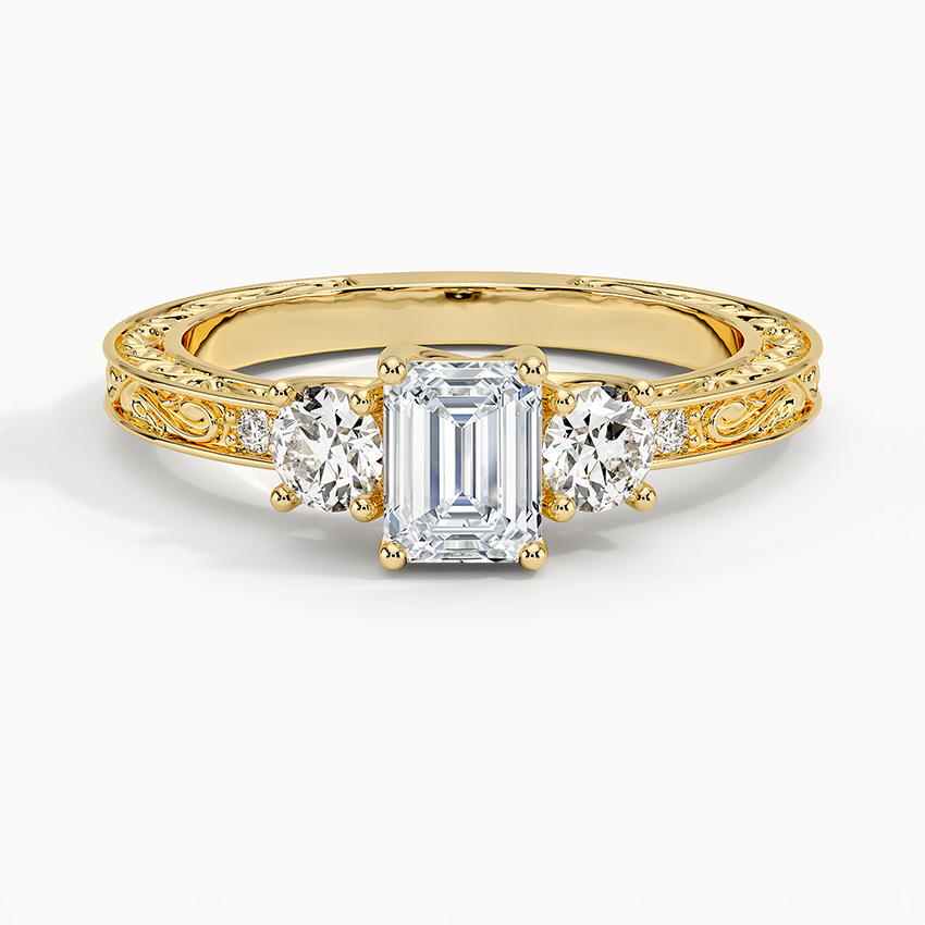 Antique Scroll Engraved Three Stone Diamond Ring (1/3 ct. tw.) Yellow Gold 18k Emerald Engagement Ring