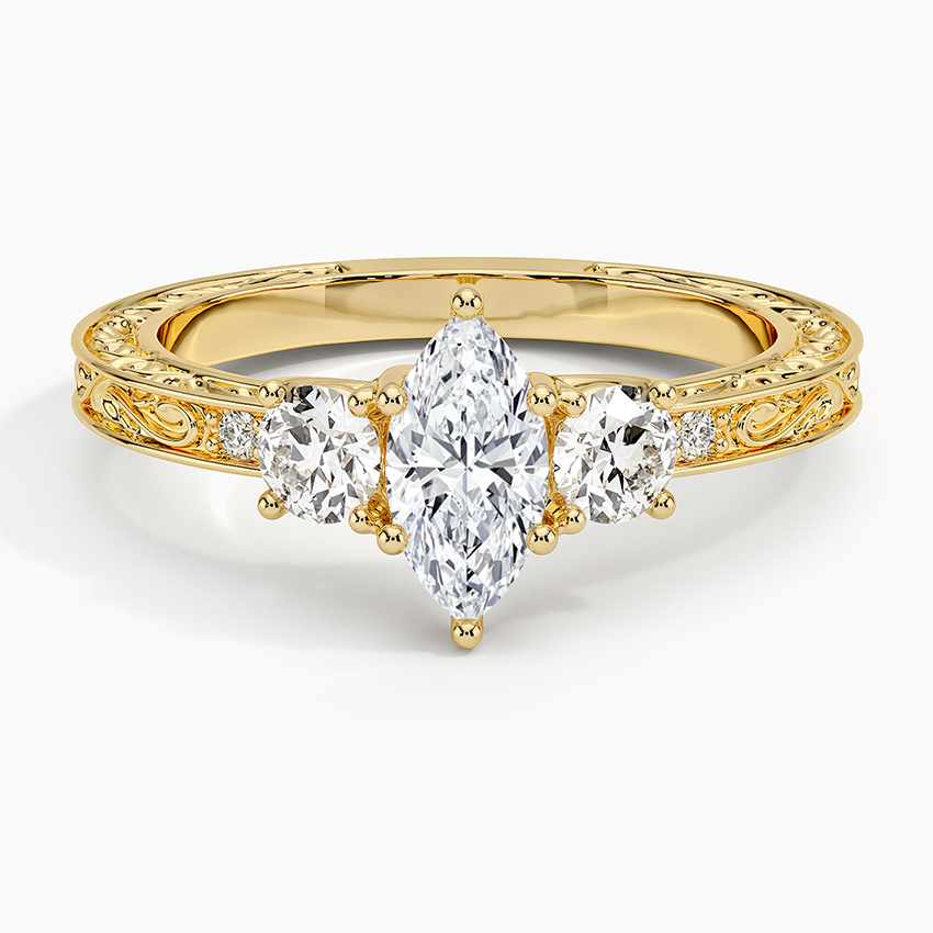 Antique Scroll Engraved Three Stone Diamond Ring (1/3 ct. tw.) Yellow Gold 18k Marquise Engagement Ring