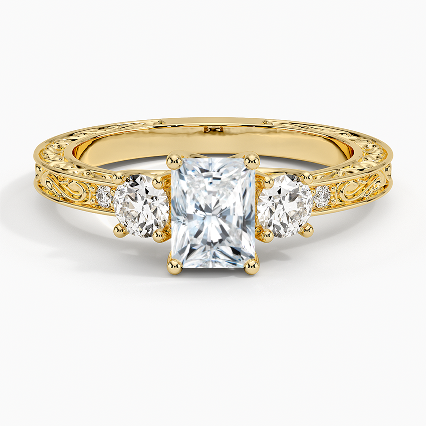Antique Scroll Engraved Three Stone Diamond Ring (1/3 ct. tw.) Yellow Gold 18k Radiant Engagement Ring